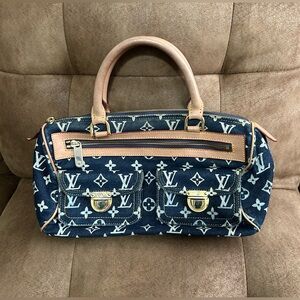 LV Logo Printed, Dark Blue Denim, Bowling Style Bag